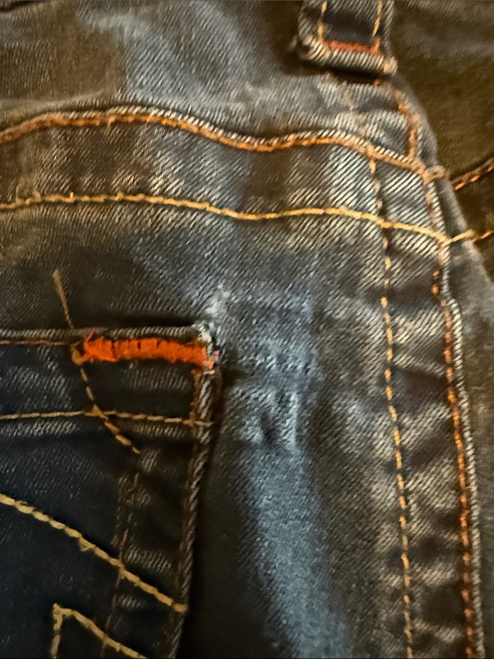 True Religion Blue Denim Jeans with Yellow Stitching and Orange Accents - Picture 6 of 7